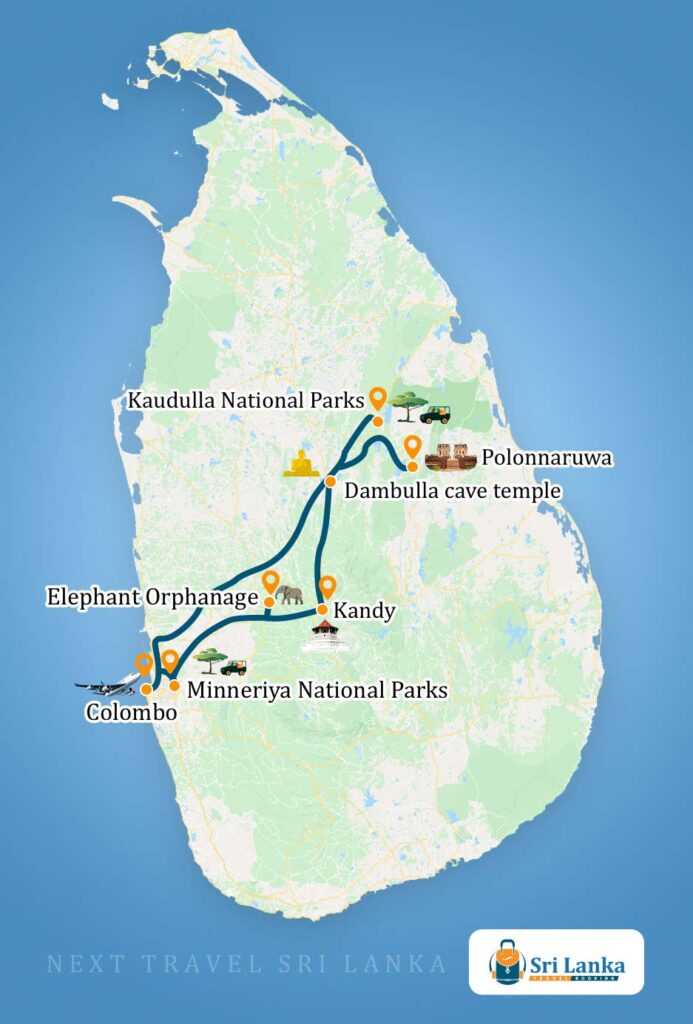 Sri Lankan Map with the destinations to be visited during the Enchanting Sri Lanka Tour (5 Days)