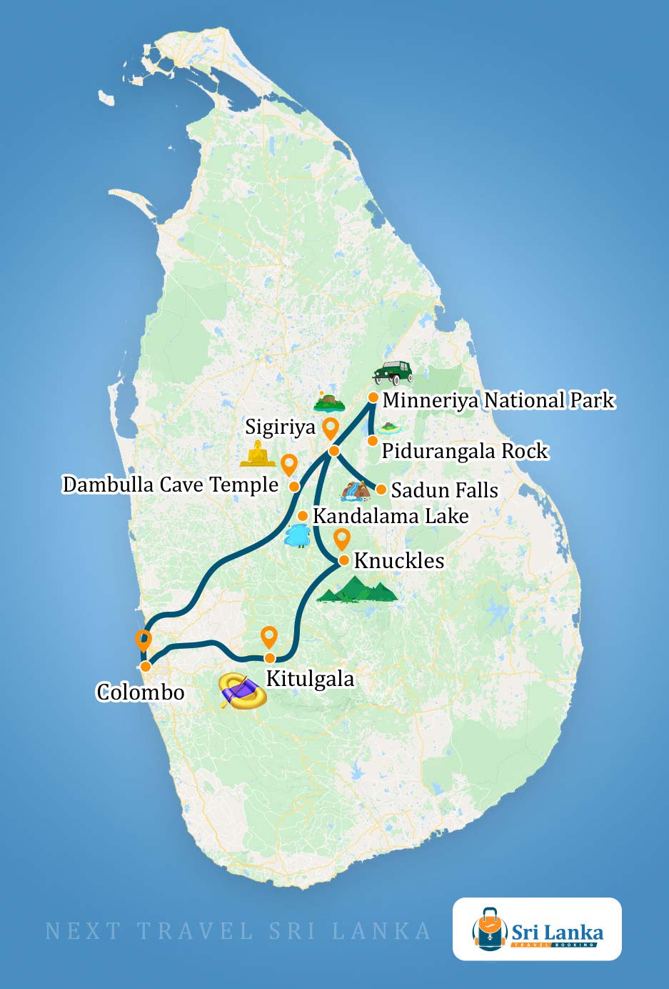 Sri Lankan Map with the destinations to be visited during the Adventure Tour (7 Days)