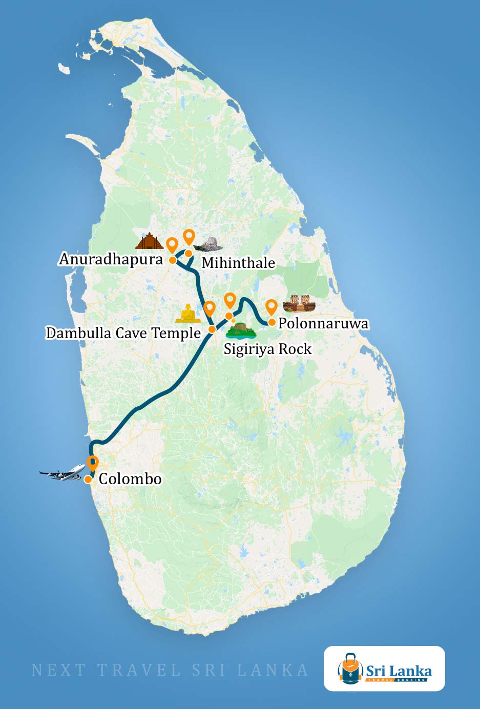 Sri Lankan Map with the destinations to be visited during the Cultural Triangle Tour (4 Days)