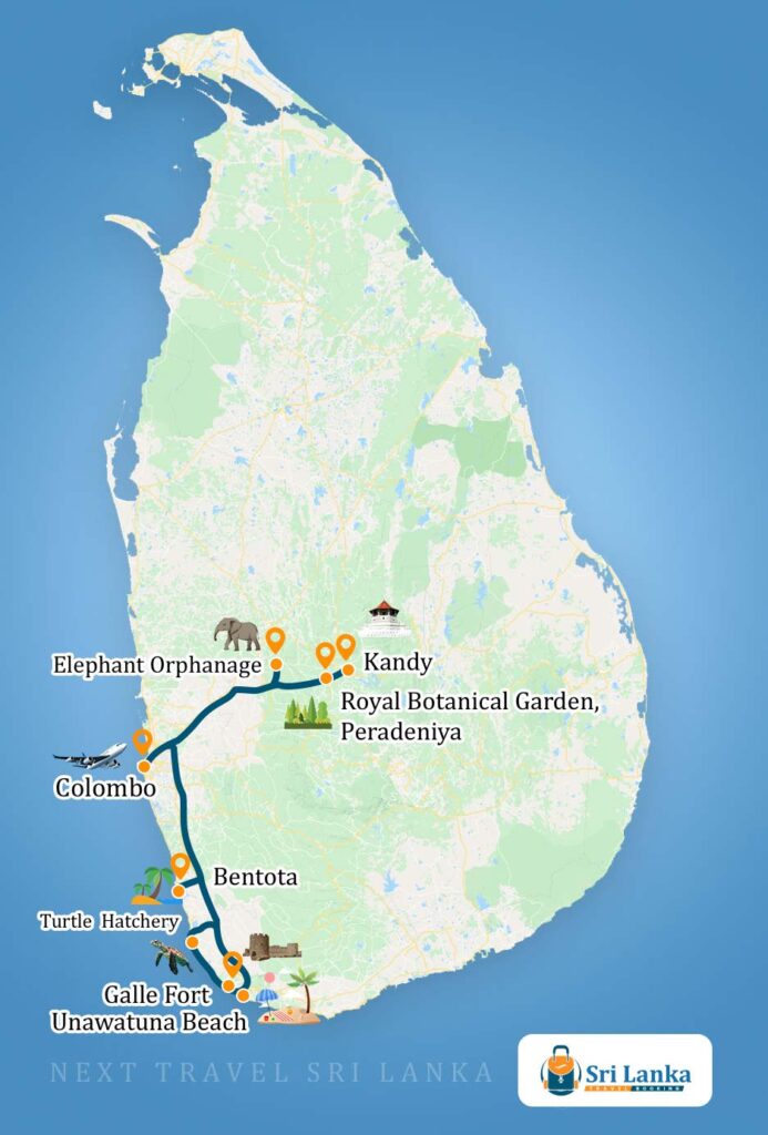 Sri Lankan Map with the destinations to be visited during the Fascinating Sri Lanka Tour (4 Days)