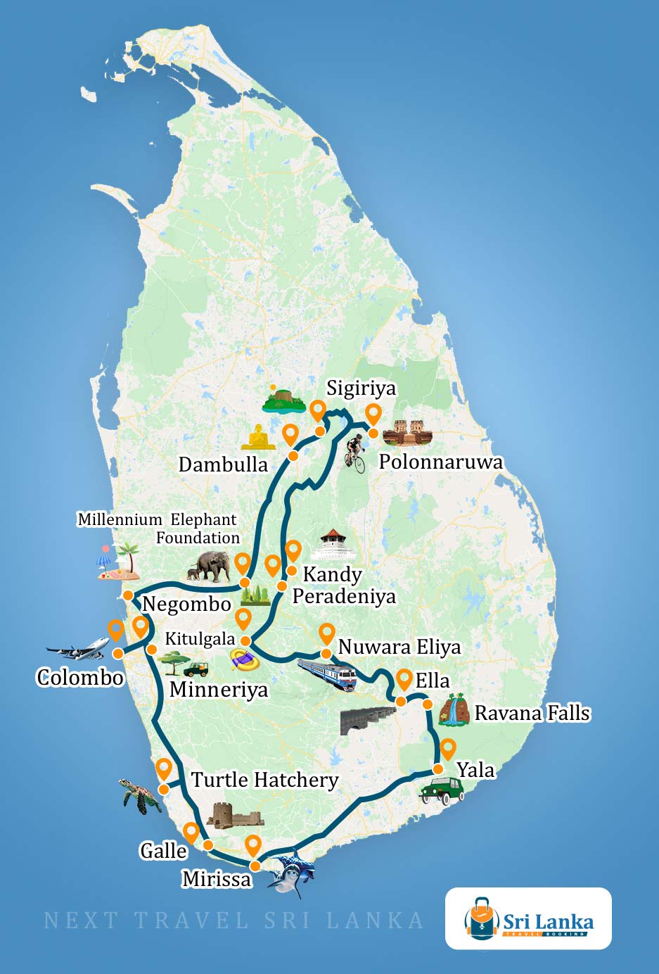 Sri Lankan Map with the destinations to be visited during the Grand Tour of Sri Lanka (12 Days)