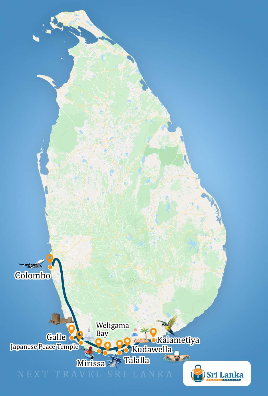 Sri Lankan Map with the destinations to be visited during the Sailing Sri Lanka South Coast Tour (7 Days)