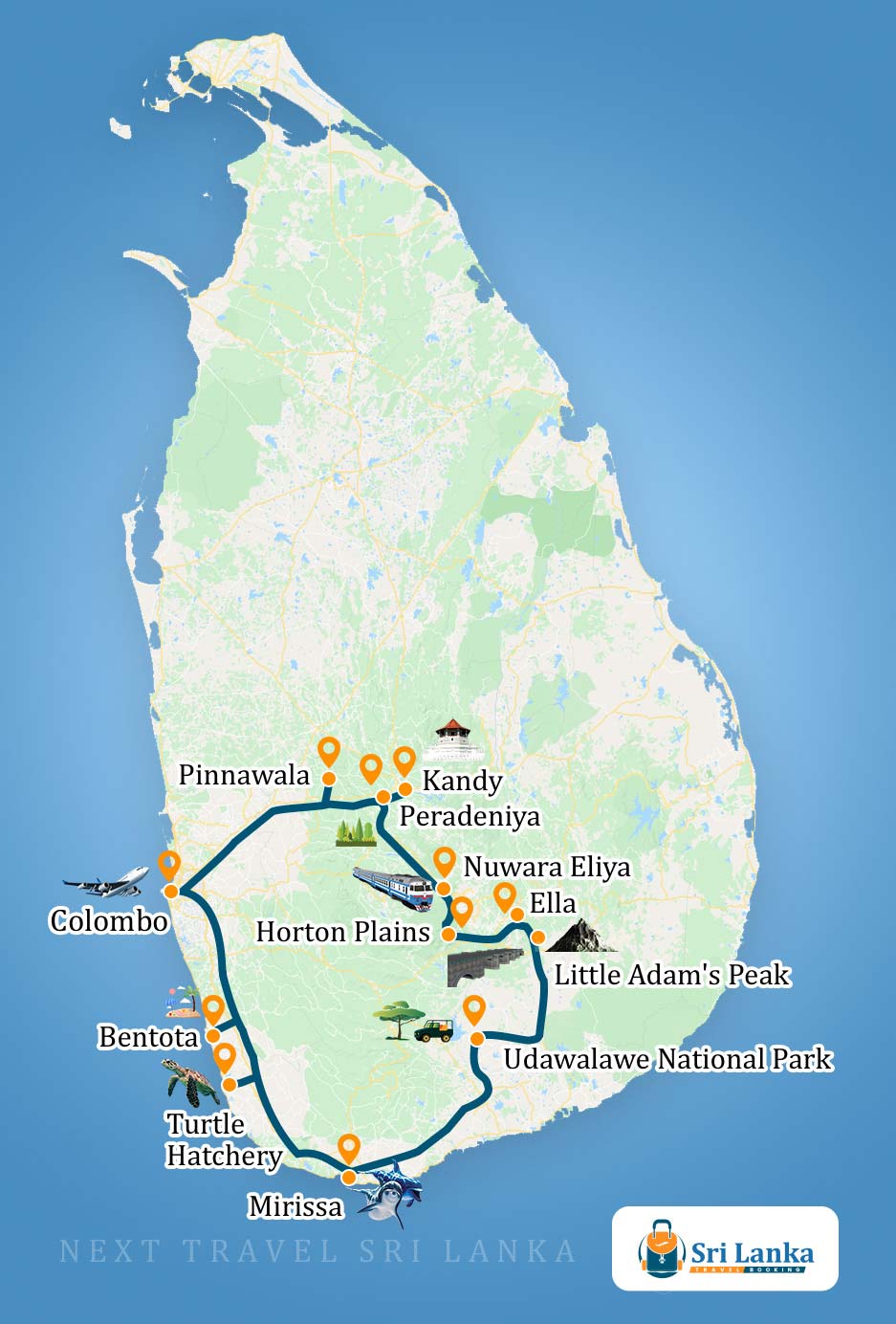 Sri Lankan Map with the destinations to be visited during the Splendid Sri Lanka Tour (6 Days)