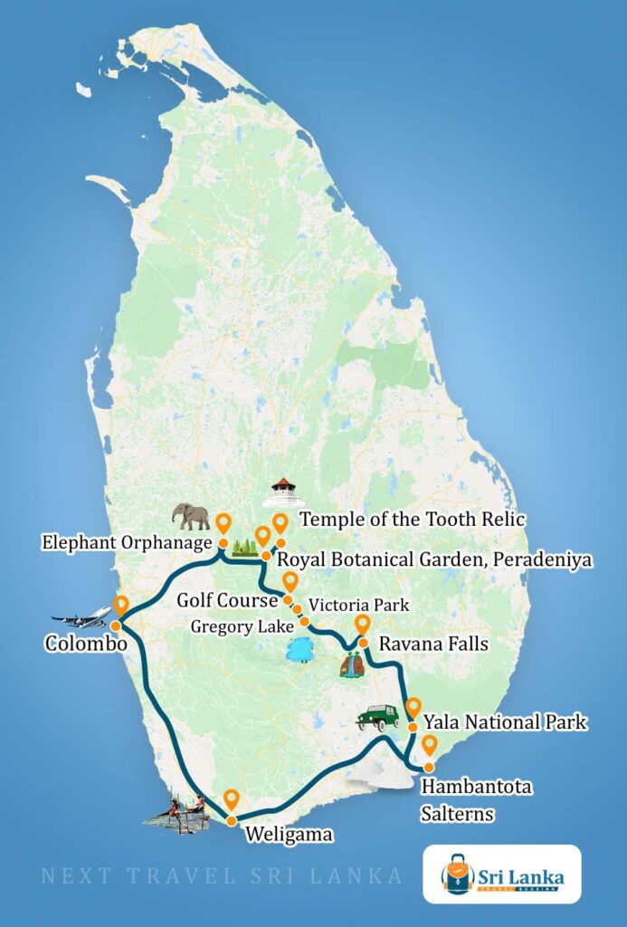Sri Lankan Map with the destinations to be visited during the Sri Lanka Classic Tour (5 Days)