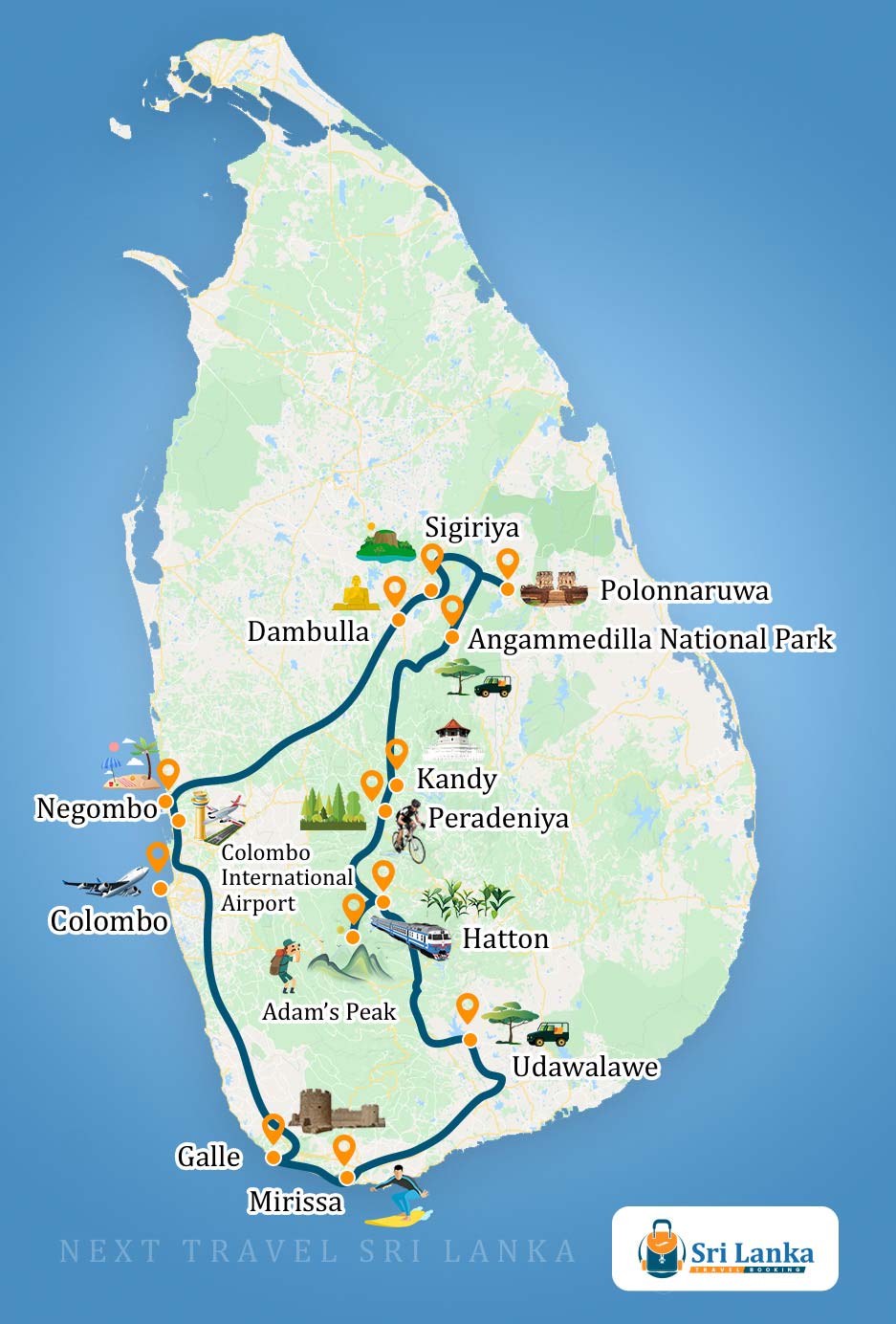 Sri Lankan Map with the destinations to be visited during the Amazing Bike Ride in Sri Lanka (13 Days)