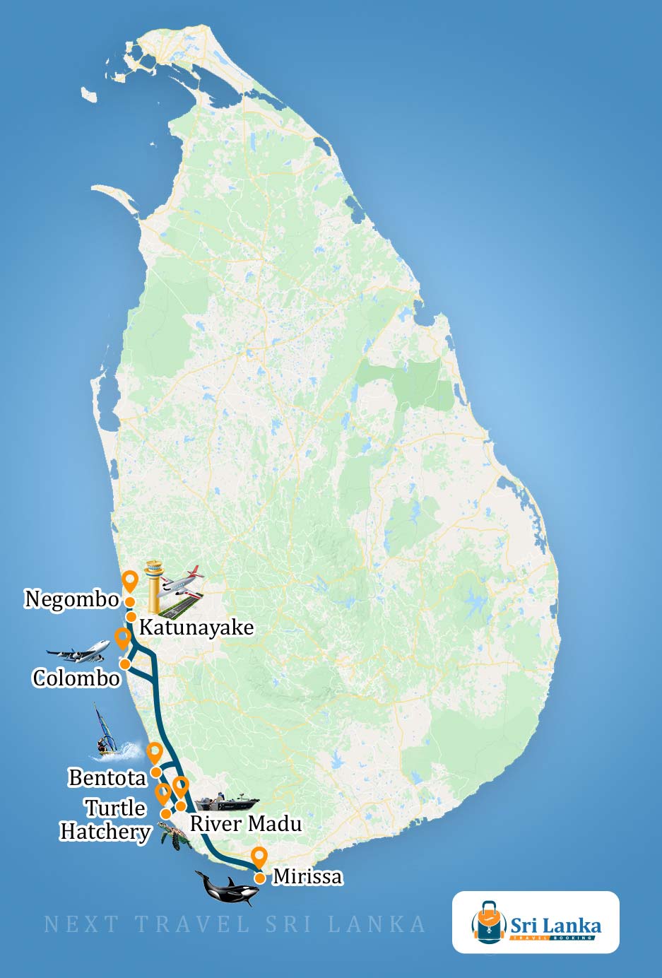 Sri Lankan Map with the destinations to be visited during the Dream Lankan South Beach Tour Package (5 Days)