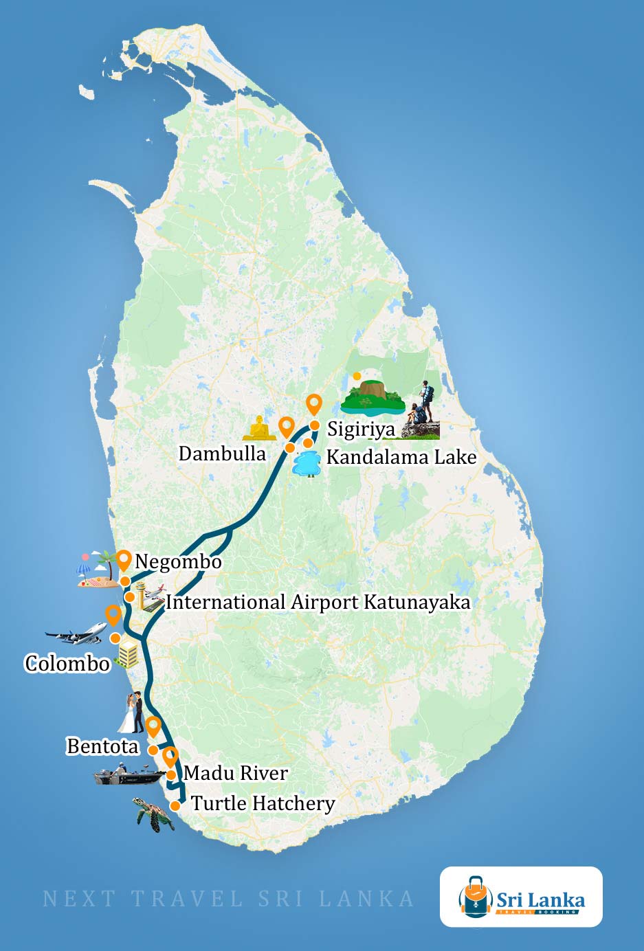 Sri Lankan Map with the destinations to be visited during the Dream Wedding and Honeymoon Tour in Sri Lanka (7 Days)