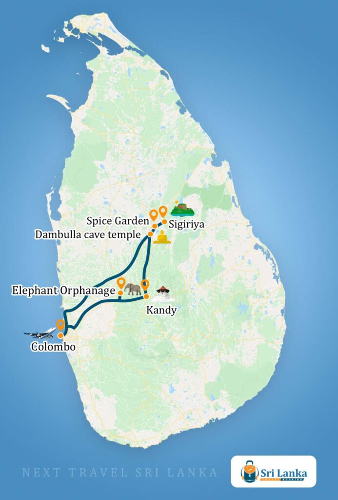 Sri Lankan Map with the destinations to be visited during the Glimpse of Sri Lanka Private Tour (3 Days)