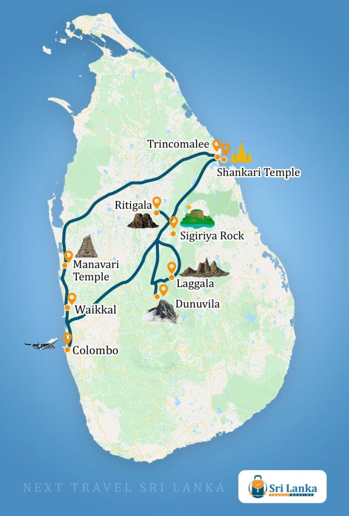 Sri Lankan Map with the destinations to be visited during the Ravana Sri Lanka Tour (5 Days)