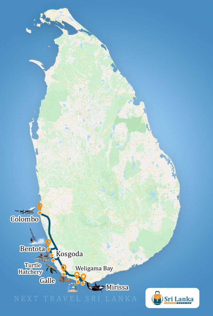 Sri Lankan Map with the destinations to be visited during the Southern Coast Beach Tour (6 Days)