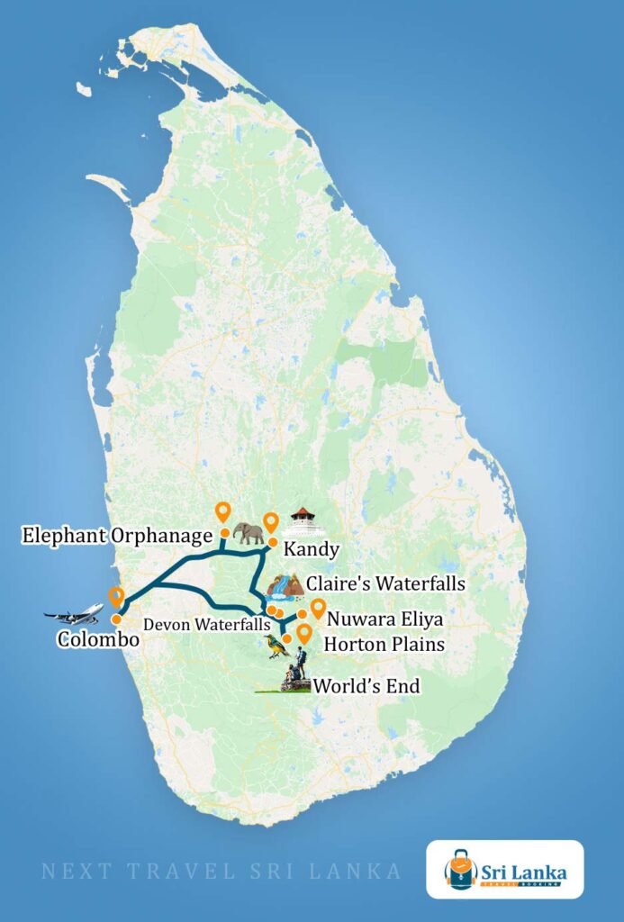 Sri Lankan Map with the destinations to be visited during the Sri Lanka Central Highlands Tour (5 Days)