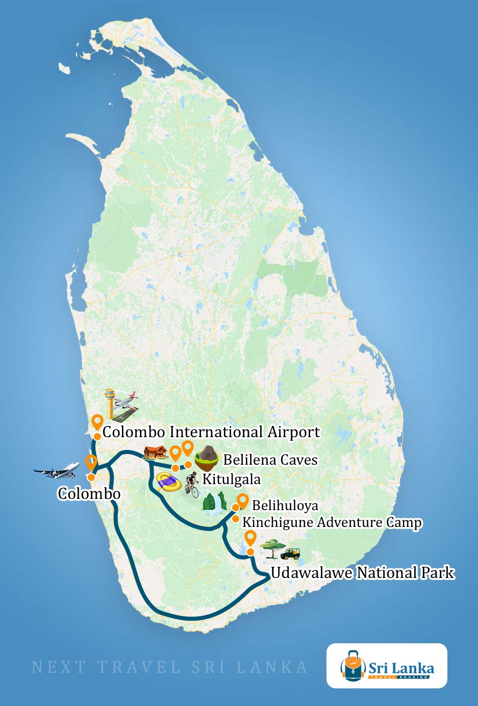 Sri Lankan Map with the destinations to be visited during the Teenagers’ Adventure Tour in Sri Lanka (9 Days)