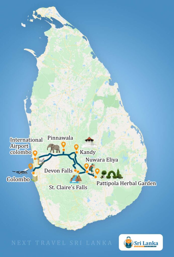 Sri Lankan Map with the destinations to be visited during the Trekking Tour in Sri Lanka (4 Days)