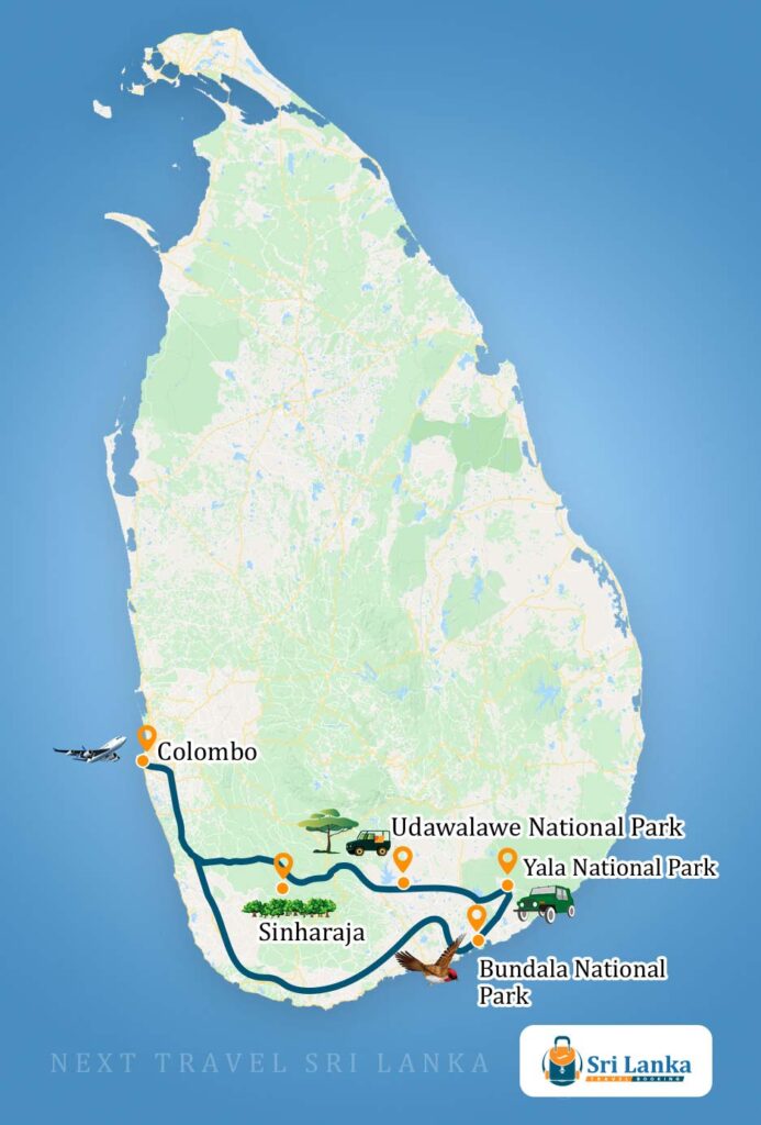 Sri Lankan Map with the destinations to be visited during the Wildlife Photography Tour in Sri Lanka (5 Days)