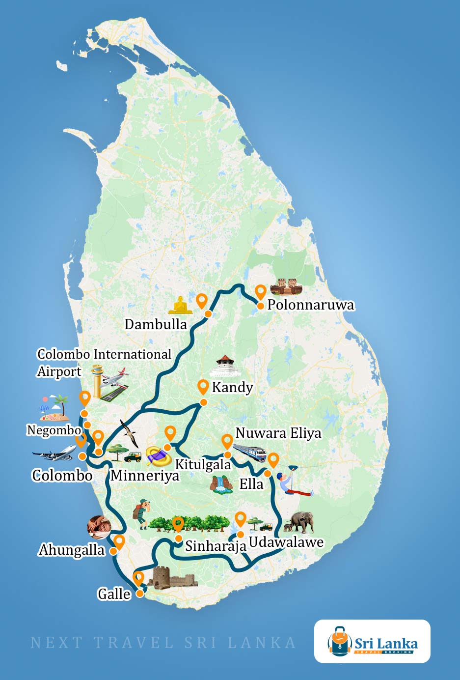 Sri Lankan Map with the destinations to be visited during the Adventure Express Tour in Sri Lanka (13 Days)
