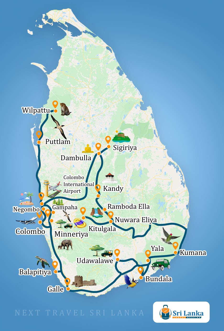 Sri Lankan Map with the destinations to be visited during the Fascinating Bird Watching Tour in Sri Lanka (17 Days)