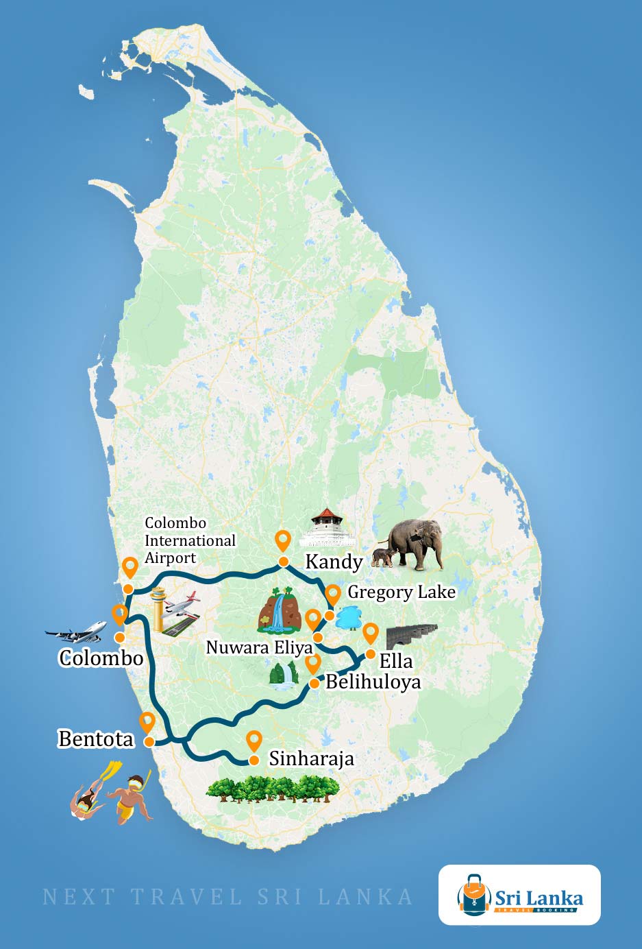 Sri Lankan Map with the destinations to be visited during the Magical Island Honeymoon Trip in Sri Lanka (13 Days)