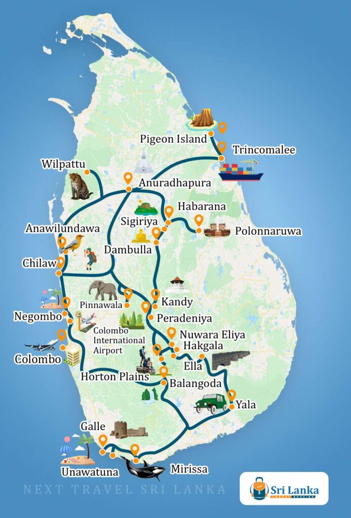 Sri Lankan Map with the destinations to be visited during the Nature’s Secret Tour in Sri Lanka (21 Days)