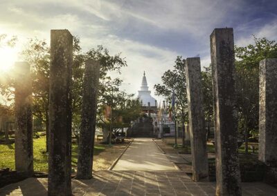 The ancient stone pillars and a white stupa far away, signifying the ancient ruins of Anuradhapura