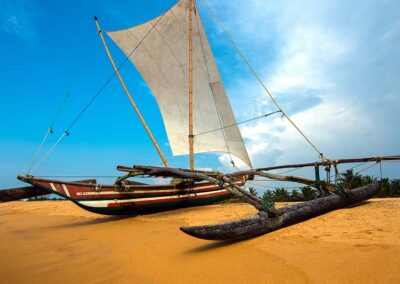 A catamaran resting on a Sri Lankan beach by the ocean