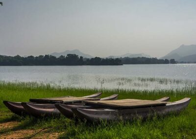 Three boats on the shores of the Kandala lake at Dambulla