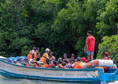 A team wearing safety jackets Enjoying a Boat Ride at Madu River