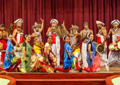 A group of cultural dancers and drummers in their traditional costumes posing on a stage