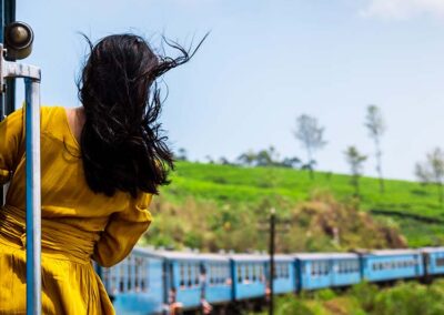 A Woman in a yellow dress standing by the door of a train, Enjoying a Train Ride to Ella