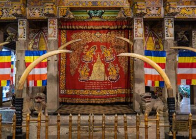 The flags, and the ancient ornaments at the place where the Lord Buddha's tooth relic is kept at the Temple of the tooth relic in Kandy